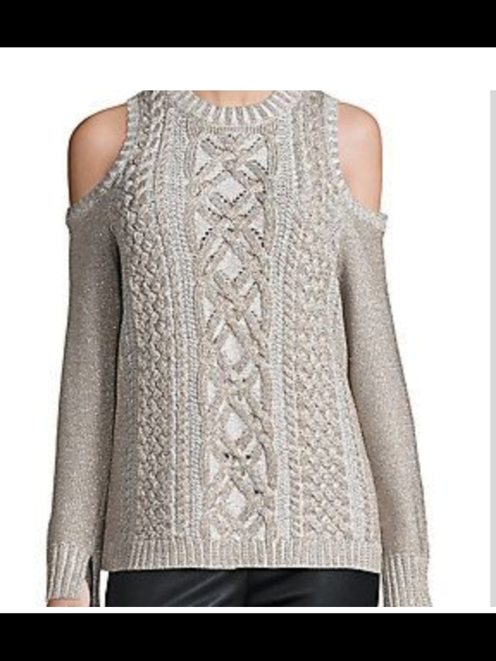BCBGMaxAzria Metallic Cold-Shoulder Cable Knit Sweater in Beige